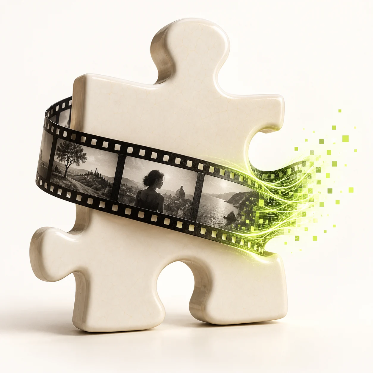 An ivory film puzzle transforming into lime digital threads