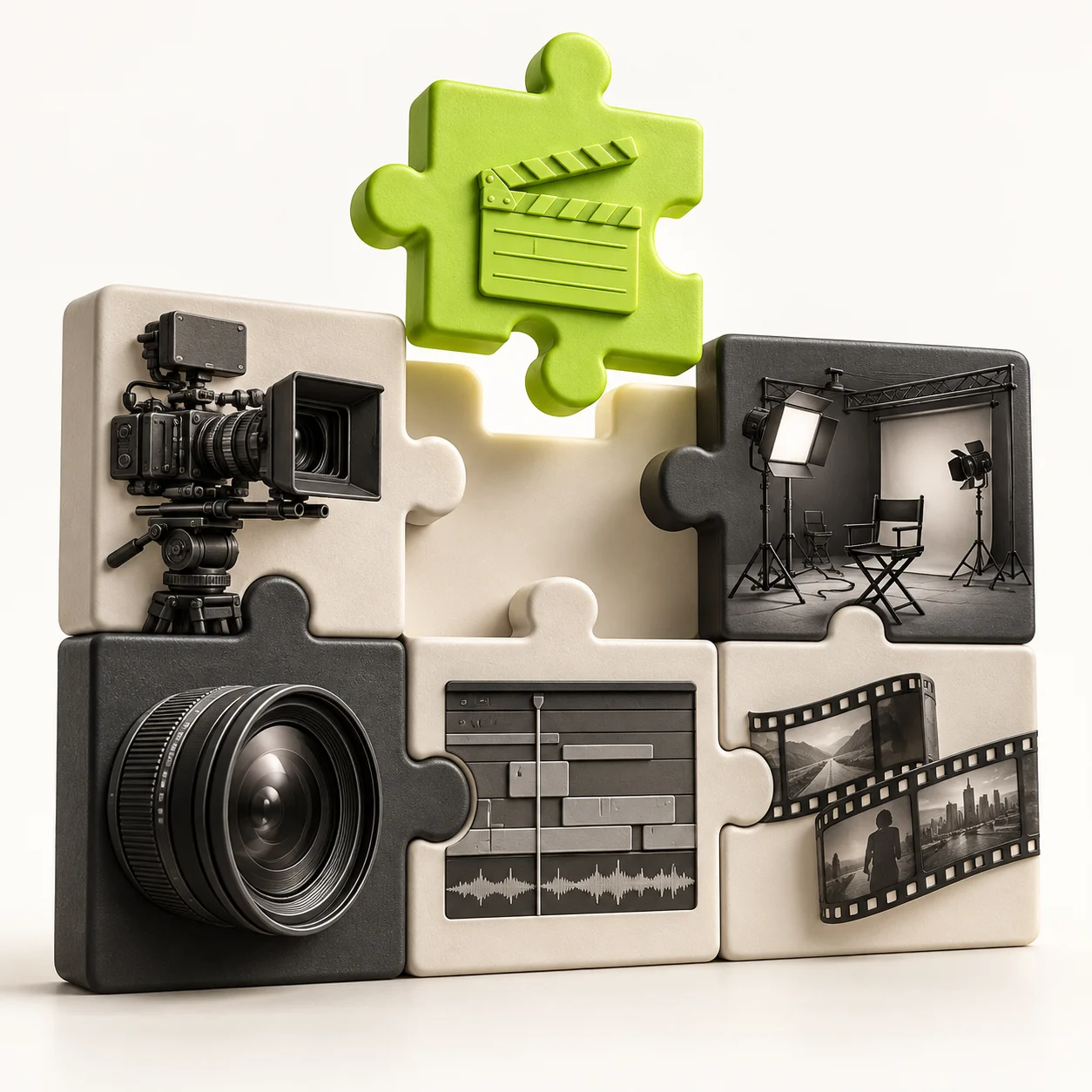 A filmmaking puzzle with one lime piece ready to fit