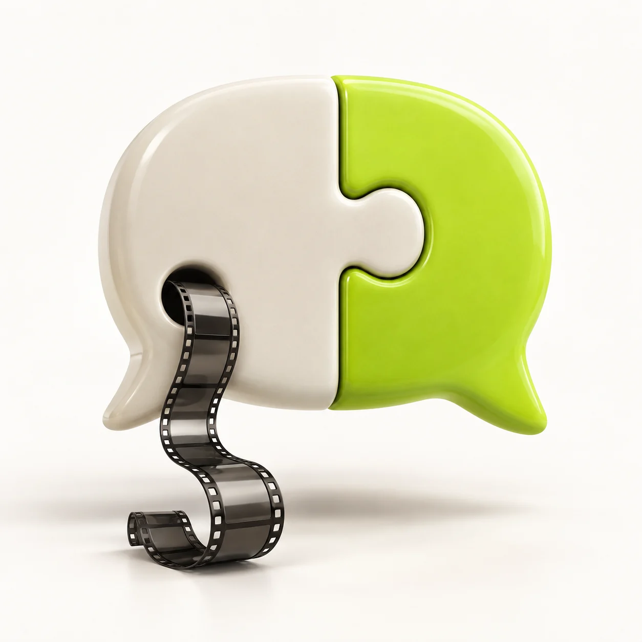 Two puzzle pieces form a speech bubble with a curling filmstrip
